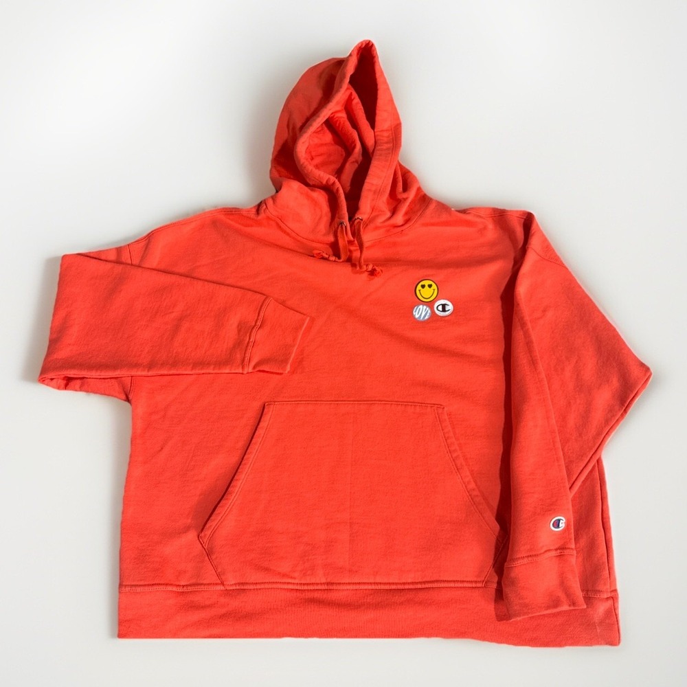 Champion Hoodie Women Get Happy 2XL Relaxed Fleece Smiley Face Graphics